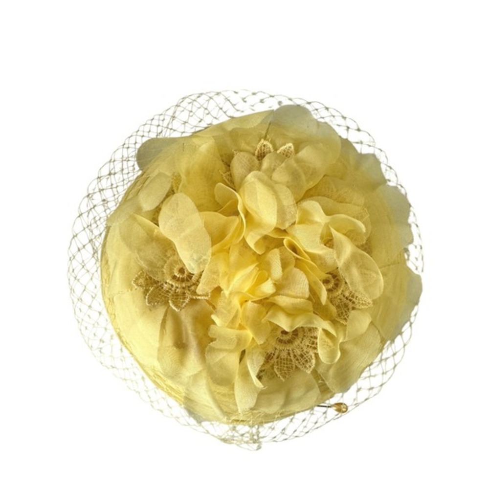 Vintage 60s Yellow Pillbox Hat with Floral Daisy Lace & Veil Fascinator JS - Picture 9 of 10